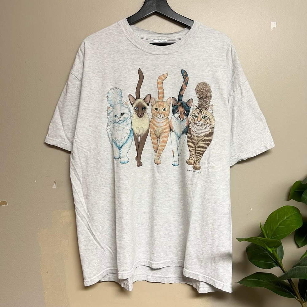 Vintage 90s Hanes Beefy-T Cats Double Sided Graphic Shirt Grey XL